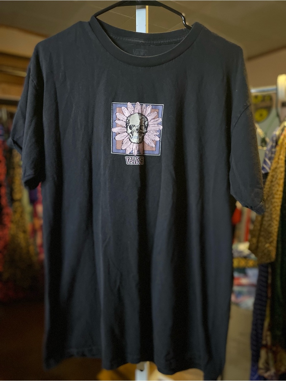 Vans Black Tee with Skull & Pale Pink Daisy Graphic - Picture 2 of 3